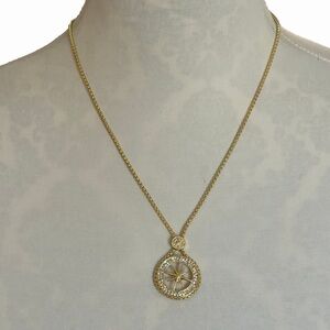 Gold Tone Compass Starburst Pendant Necklace with Crystal Halo